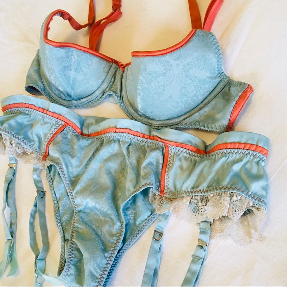 VS Satin Brocade Demi Balconette Bra Garter Panty